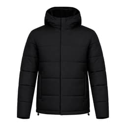 A black rain jacket with a hood, featuring a quilted design and an understated silhouette. It has a logo on the front.
