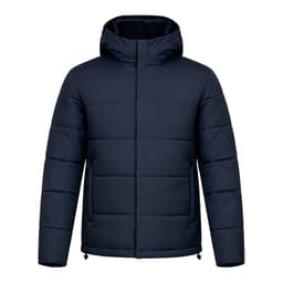 A navy blue rain jacket with a hood, featuring a quilted design and a logo.