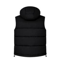 A black puffer vest with a hood, featuring horizontal quilted panels and adjustable drawstrings at the hem.