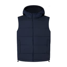 A navy blue padded vest featuring a hood and front pockets, with a logo displayed on the garment.