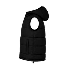 A black sleeveless jacket with a hood and side pocket, featuring a puffy quilted design and a logo.