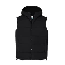 A black puffer vest with a hood features zippered pockets and a snap button front. It has a branding logo included.