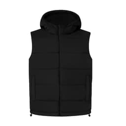 A black vest with a hood, featuring a sleek design and two side pockets. It has a logo on the front.