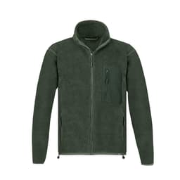 A green polar fleece jacket featuring a zip front and a chest pocket, with a logo on it.