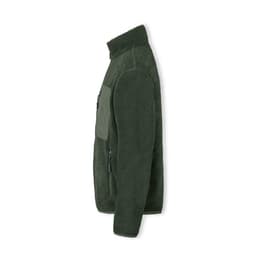 A polar fleece jacket in dark green with a zip-up front and side pockets. It features a logo on the chest.