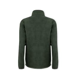 A polar fleece jacket in dark green, featuring a high collar and long sleeves. It has a logo on the back.