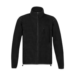 A black polar fleece jacket featuring a zip front and a chest pocket, with a logo on the side.