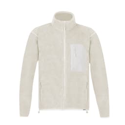 A polar fleece jacket in a light cream colour, featuring a zip front and a chest pocket with a logo.