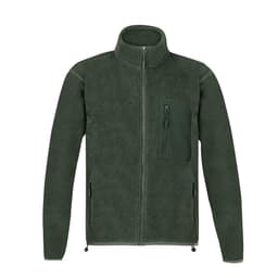 A green polar fleece jacket with a high collar, zip front, and a chest pocket. Features side pockets and a logo.