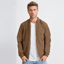 A brown jacket with a bomber style, featuring zippered pockets and a plain white t-shirt underneath.