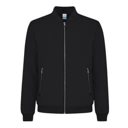 A black jacket featuring a zip front and two side pockets, with a collar and minimalistic design.