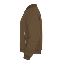A stylish brown bomber jacket featuring a zip pocket and ribbed cuffs. It has a logo on the front.