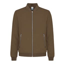 A brown jacket with a zip front and side pockets, featuring a simple design and a bomber style collar.