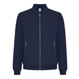 A navy jacket with a zip front and two side pockets. It features a simple design and has a logo on the label.