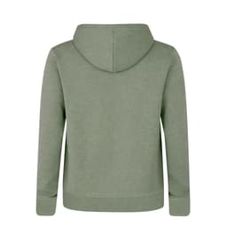 A green hoodie featuring a spacious hood and a simple back design. The garment has a logo.