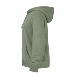 A side view of a green hoodie featuring a kangaroo pocket and a hood, with branding on the label.