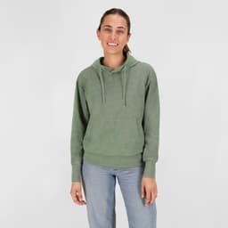 A green hoodie with a front pocket and adjustable drawstring, modelled by a person in casual jeans.