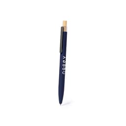 A metal pen in navy blue with a wooden clip and branding on the barrel.
