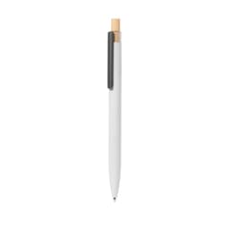 A metal pen in white with a bamboo top and a grey clip. The pen features a logo.