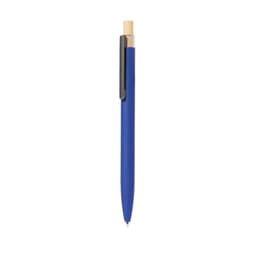 A blue metal pen with a wooden clip and a sleek design, featuring a logo.