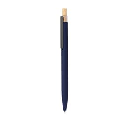 A metal pen in navy blue with a wooden top and a clip. The pen has a simple and elegant design.
