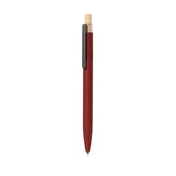 A metal pen in a deep red finish with a wooden accent and a metal clip. It features a logo on the barrel.