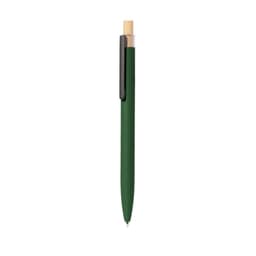 A green metal pen featuring a bamboo top and a black clip. It has a simple and sleek design.