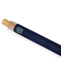A metal pen featuring a navy blue finish and a bamboo cap, accompanied by a logo.