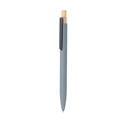 A metal pen in a grey finish with a wooden top and a black clip, featuring a logo.