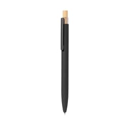 A metal pen in matte black with a wooden top and a clip, featuring a simple design and a logo.