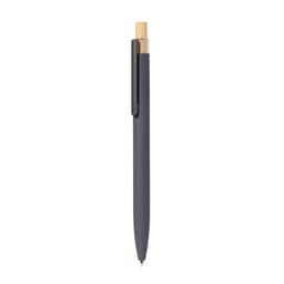 A metal pen with a grey barrel and a bamboo detailing at the top, featuring a clip and a branding logo.