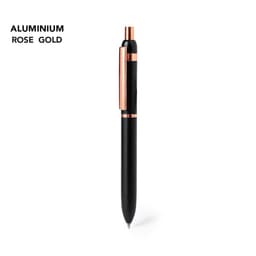 A metal pen in black and rose gold with a sleek design and a clip, featuring a logo.
