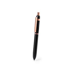 A metal pen with a sleek black body and rose gold accents, featuring a logo on the side.