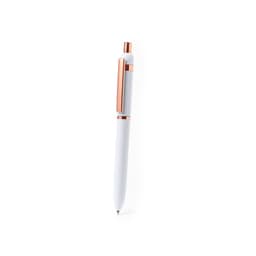 A metal pen in white with rose gold accents, featuring a clip and a sleek design.