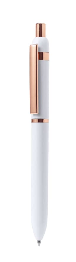 A metal pen in white with rose gold accents. Features a clip and a logo.