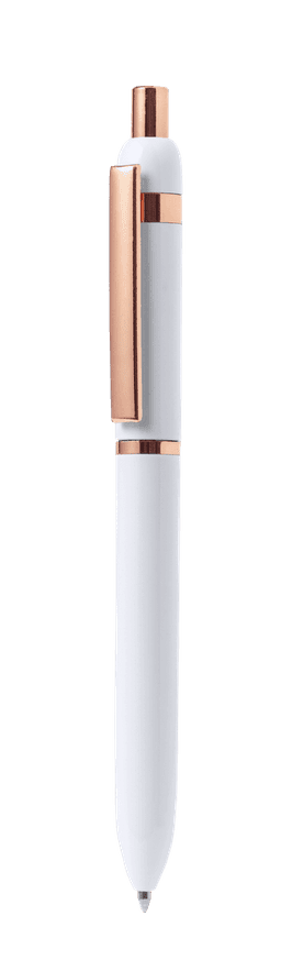 A metal pen in white with rose gold accents and a clip, featuring a sleek design and a branding logo.