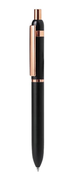 A metal pen featuring a black body and rose gold accents, with a clip and a smooth writing tip.