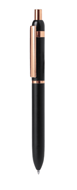 A metal pen in black with rose gold accents, featuring a clip and a sleek design, alongside a logo.