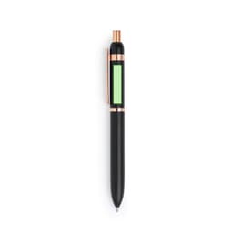 A metal pen in black with a green accent and rose gold details, featuring a clip and a logo.
