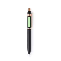 A metal pen in black and rose gold with a green accent and a logo on the body.