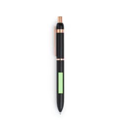 A metal pen with a sleek black body, rose gold accents, and a green grip section. Brand logo present.