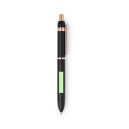 A black metal pen with rose gold accents and a green grip section. It features a logo or branding on the surface.