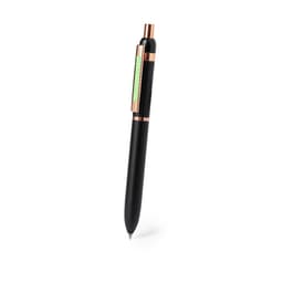 A black metal pen with rose gold accents and a transparent section. Features a logo on the surface.