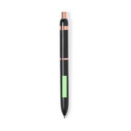 A black metal pen with rose gold accents and a green highlight section. Features a logo on its body.
