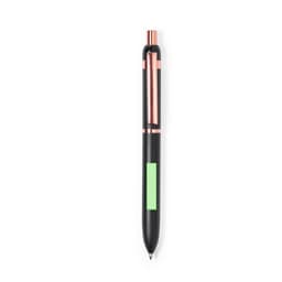 A metal pen with a black body, rose gold accents, and a green grip section. It features a branding logo.