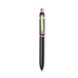 A black metal pen with a rose gold accent and a transparent green section, featuring a logo.