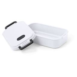A white lunch box with a black handle, featuring a removable lid and a rectangular shape.