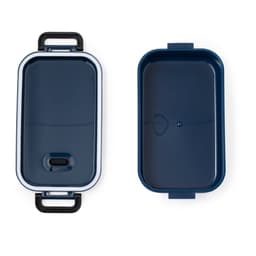 A navy blue lunch box with a silver trim and a black handle, featuring a two-part design.