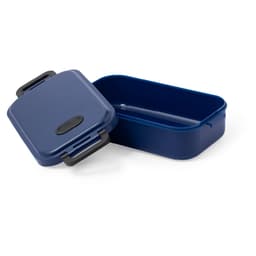 A blue lunch box with a removable lid and a handle. It features an inner compartment for organisation.