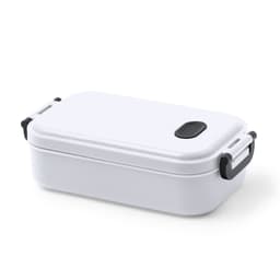 A white lunch box with a black lid and handles, featuring a sleek, minimalist design.